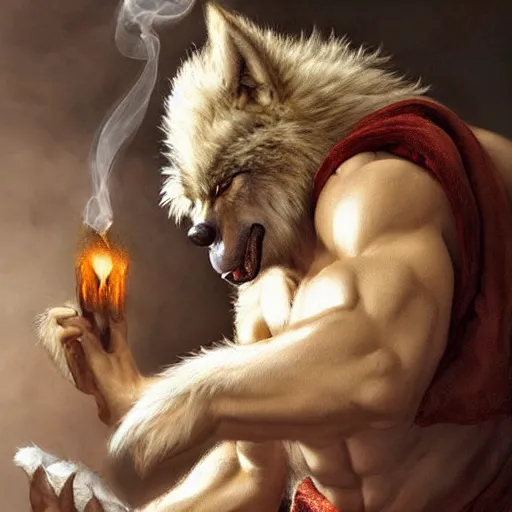 Image similar to wolf werewolf wolfman furry hairy fluffy bodybuilder wearing a monk robes holding incense burner. natural lighting by ruan jia, portrait