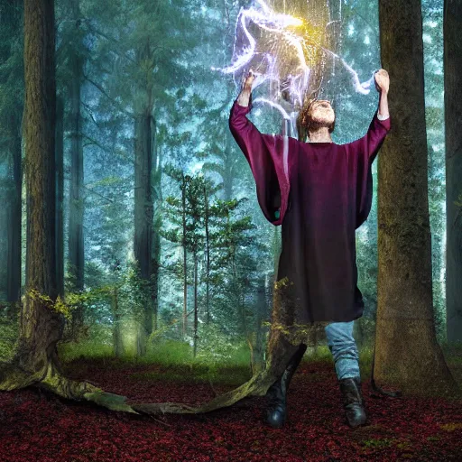 Image similar to A mage casting a spell in a forest, digital art, hyper real