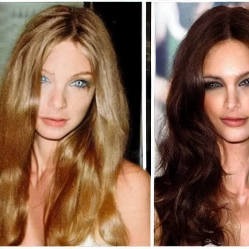 Image similar to before and after picture of a beautiful supermodel with long hair and the same supermodel with short hair