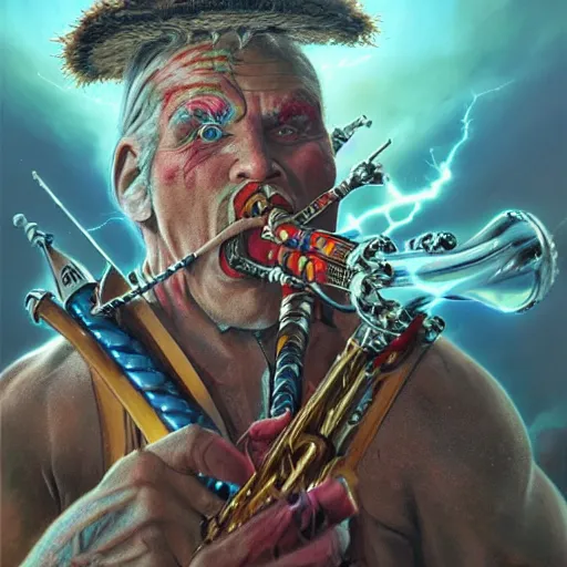 Image similar to detailed photo of a Half-orc bard portrayed by Gary Busey playing a flute, 8k,by Tristan Eaton, Stanley Artgermm, Tom Bagshaw, Greg Rutkowski, Carne Griffiths, trending on DeviantArt, face enhance, hyper detailed ,full of color, dramatic lightning, epic stance