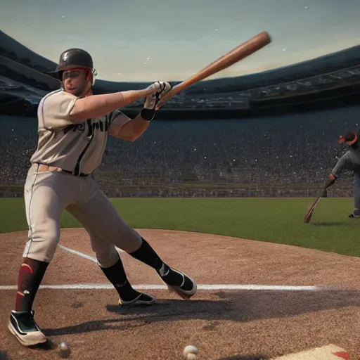 Image similar to baseball player hitting the ball with the baseball bat in the middle of the game and in front of everyone in the stadium, james gurney painting style, greg rutkowski, artstation, octane render, unreal engine 5