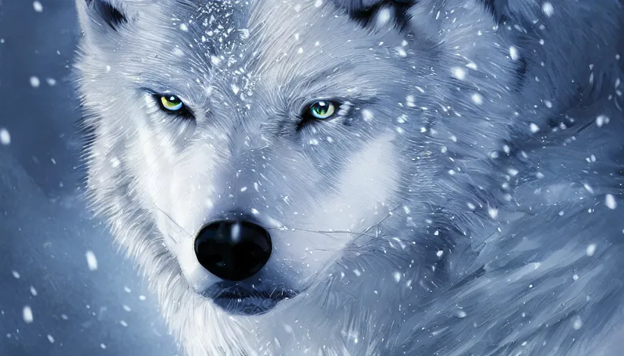 Image similar to Bright white wolf with blue eyes in a snowy landscape, hyperdetailed, artstation, cgsociety, 8k