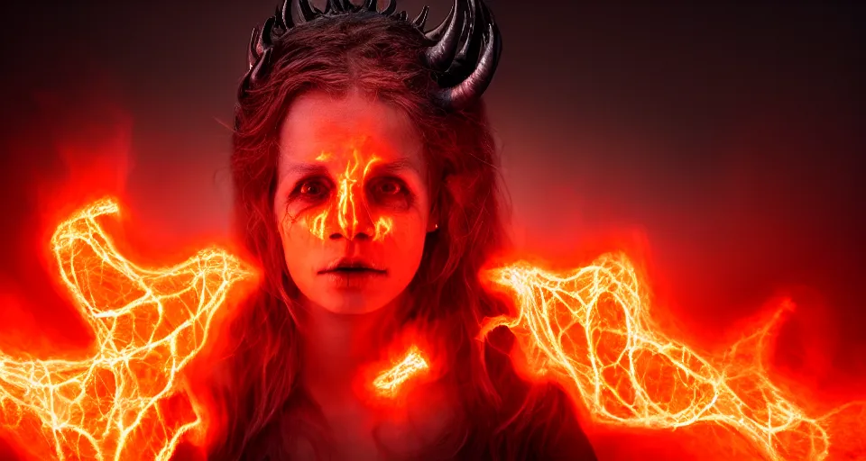 Image similar to portrait of a woman with horns made of flames in the wisps of thick smoke, horror, creepy vibe, looking into the camera, nightmare fuel, studio photography, studio lighting, realistic render, octane render, 4 k, 8 k, face in focus