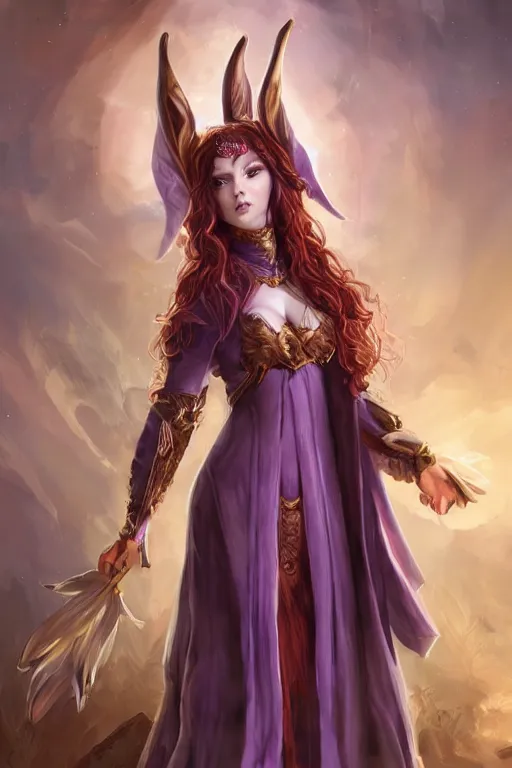 Prompt: Beautiful lady with bunny ears, tall, Evoker robes, dark purple, smoke energy, strange creatures, high fantasy, heroic, detailed face, white skin, red hair, curly hair, golden circlet, ornamental rober, symmetry, trending on artstation, artstationHD, artstationHQ, deviantart, matte painting, colorful