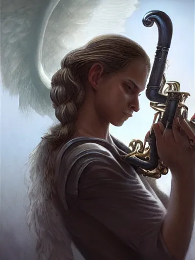 Prompt: angel blowing a horn in the zombies and graves. intricate, elegant, highly detailed, digital painting, artstation, concept art, sharp focus, illustration, by justin gerard and artgerm, 8 k