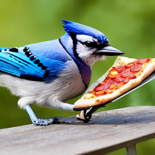 Image similar to bluejay eating pizza