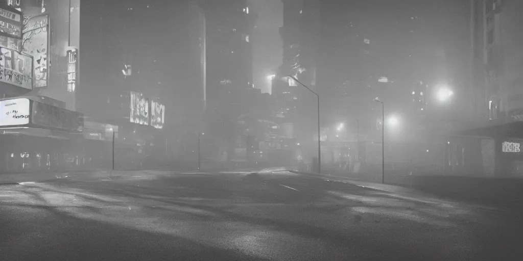 Prompt: midcentury city, neo noir, cinematic, underexposed, atmospheric, hazy