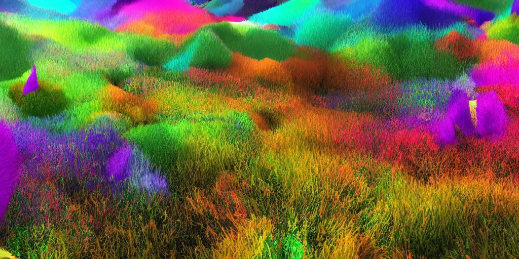 Prompt: color aberration meadows with various types of plants made out of alien materials, abstract!!!!!!!!!!!!!. colorful, psychedelic, 4k, octane render, trending on artstation