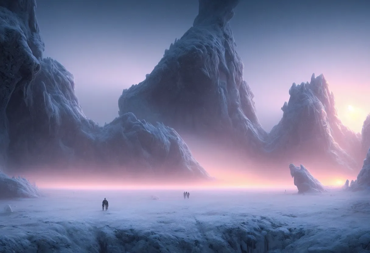 Image similar to surface of frozen winter alien planet at sunset, ultra high definition, ultra detailed, symmetry, fog, matte painting, by greg rutkowski and ross tran and wlop