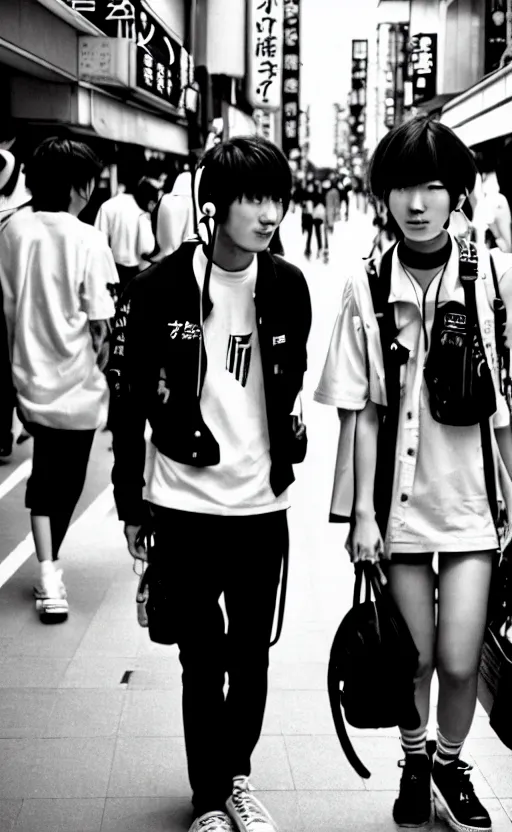 Image similar to japanese teenagers male and female, street photography in the 8 0 s, economic boom, punks, highly realistic, photography, highly detailed, cinematic lighting, tokyo, fashion, wearing sony walkman and headphones