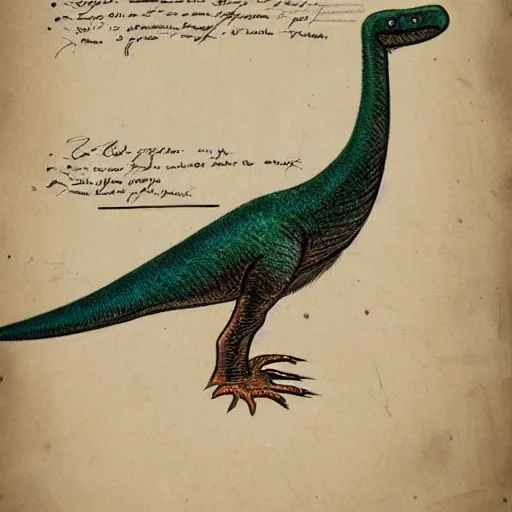 Image similar to professional vintage colored sketch of a feathered dinosaur with full descriptions, on parchment, 8K, HD, highly detailed, high quality