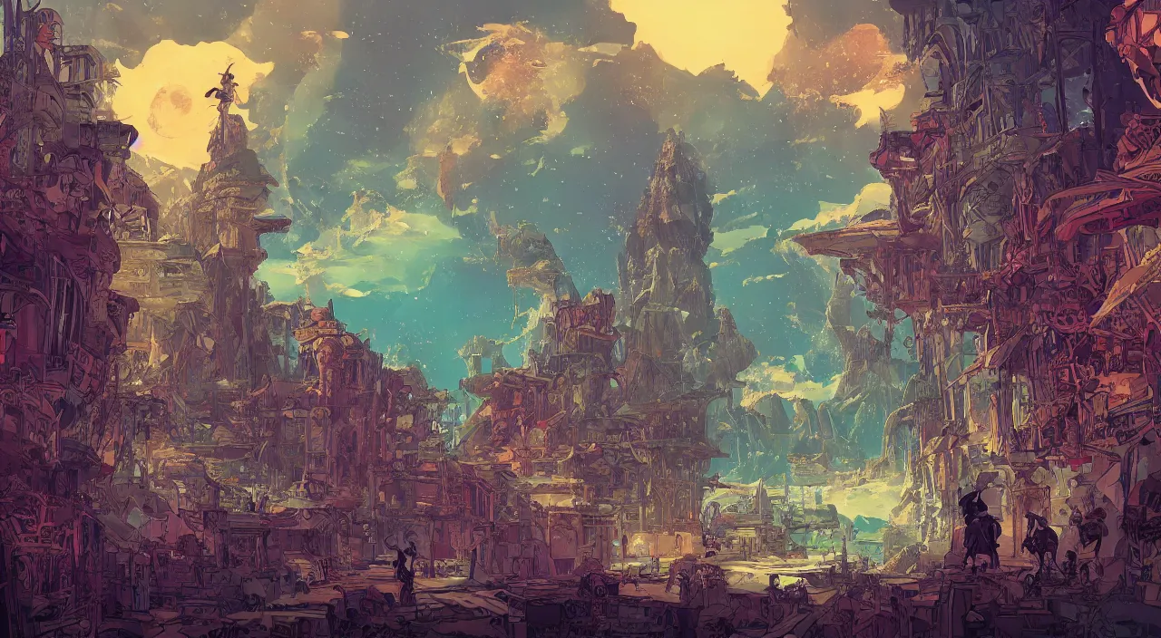 Image similar to vector wonderland bazaar zouk old egypt sky shine epic fantasy painting photoshop that looks like it is from borderlands and by feng zhu and loish and laurie greasley, victo ngai, andreas rocha, john harris