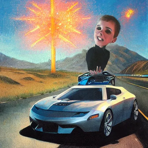 Image similar to Giant head of david copperfield on a humanoid car, running fast on a californian highway, rays of light, particles light, kuvshinov ilya