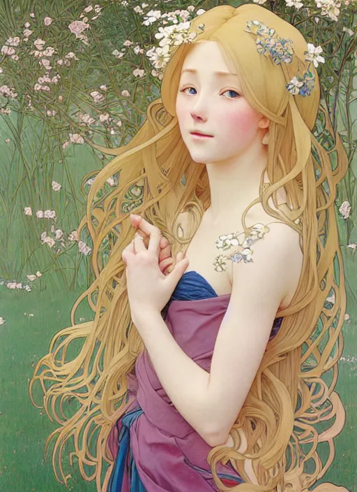 Image similar to pretty young woman with long blond hair, half body shot, path traced, highly detailed, high quality, digital painting, by studio ghibli and alphonse mucha, leesha hannigan, hidari, art nouveau, chiho aoshima, jules bastien - lepage