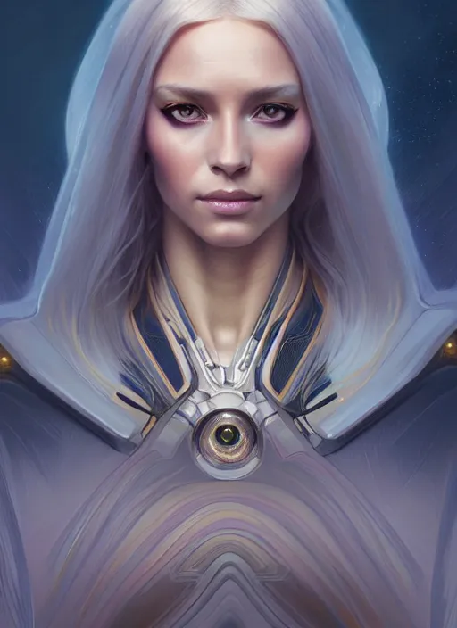 Image similar to futuristic woman portrait, sci-fi, amber eyes, face, long hair, fantasy, intricate, elegant, highly detailed, digital painting, artstation, concept art, smooth, sharp focus, illustration, art by artgerm and greg rutkowski and alphonse mucha