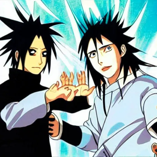 Image similar to Keanu Reeves teaches Sasuke how to chidori illustrated by Kishimoto highly detailed manga panel