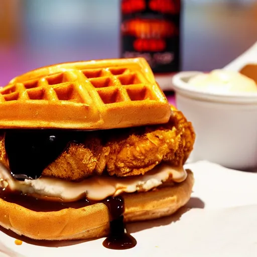 Image similar to photograph of a crispy Cajun fried chicken sandwich with Belgian Waffle Bun, maple syrup & hot fudge, ice cream on the side, 4K, HD