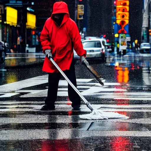 Image similar to closeup portrait of a cleaner with a mop a rainy new york street, photography