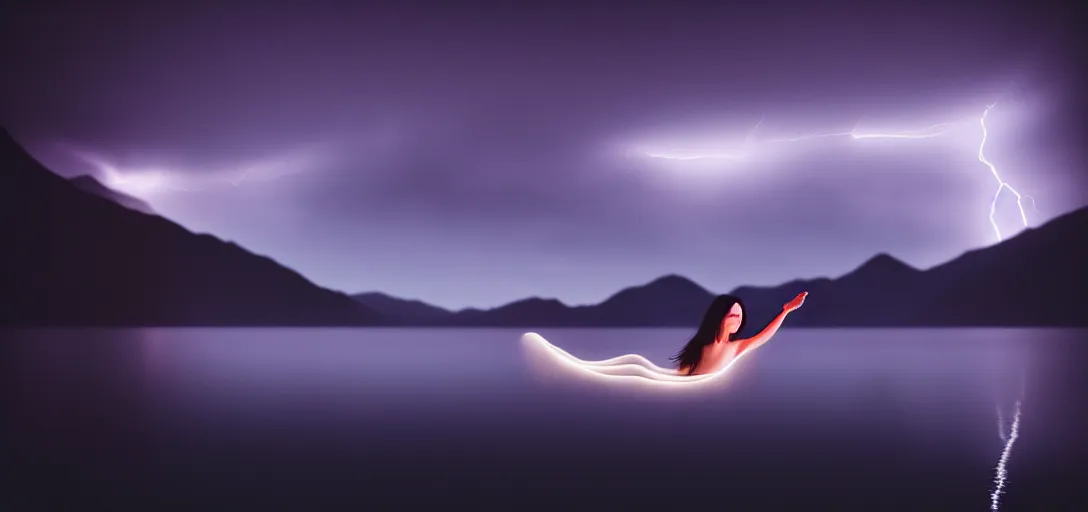 Image similar to medium closeup shot, flash photography of a woman floating in the lake, mountains, dark sky and night lightning, by ren hang, long exposure, octane render, unreal engine, high details