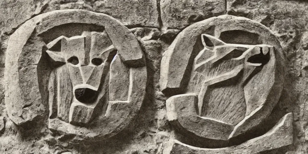 Prompt: anthropomorphic furry wolf depicted in ancient stone carving, 1900s photograph