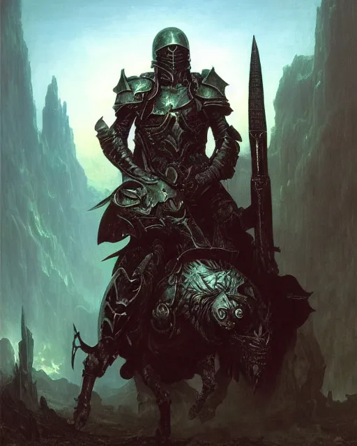 Image similar to a heavily armoured death knight by Thomas Cole and Wayne Barlowe