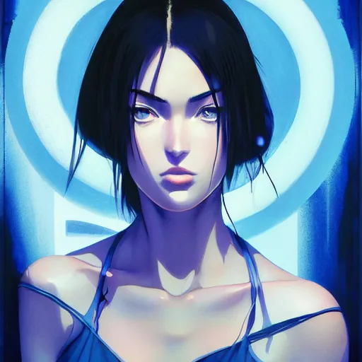 Prompt: manga girl in a blue dress, fine - face, megan fox, realistic shaded perfect face, fine details. anime. realistic shaded lighting poster by ilya kuvshinov katsuhiro otomo ghost - in - the - shell, magali villeneuve, artgerm, jeremy lipkin and michael garmash and rob rey