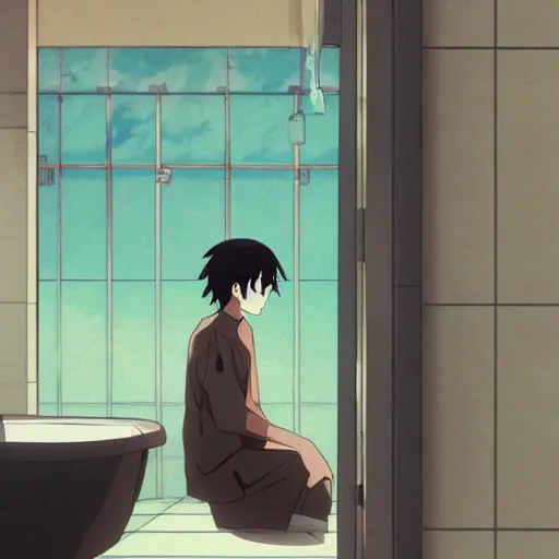 Prompt: an old man in the bathroom,slice of life anime,anime scenery by Makoto shinkai