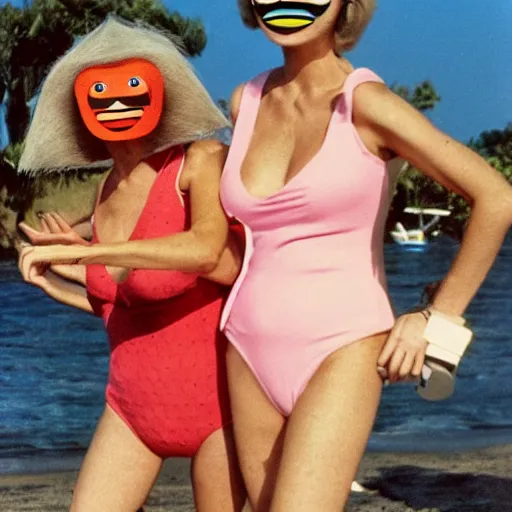 Image similar to 1979 twin women on tv show wearing an inflatable mask long prosthetic snout nose with googly eyes, soft color wearing a swimsuit at the beach 1979 color film 16mm holding a hand puppet Fellini John Waters Russ Meyer Doris Wishman old photo