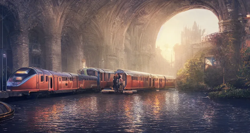 Image similar to An urban train rides inside of a waterway on a fantasy city, next to a fountain and a mystical palace,, hyperdetailed, artstation, cgsociety, golden hour 8k