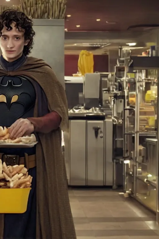 Prompt: film still of frodo working at mcdonalds in the new batman movie, oil on canvas, intricate, 8 k highly professionally detailed, hdr, cgsociety