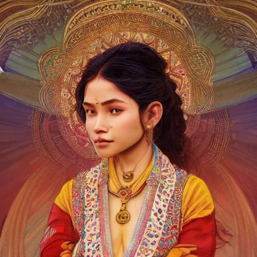 Prompt: A young nepalese woman wearing a nepalese outfit, very detailed face, gorgeous, beautiful, intricate, highly detailed, digital painting, artstation, concept art, sharp focus, illustration, art by greg rutkowski and alphonse mucha