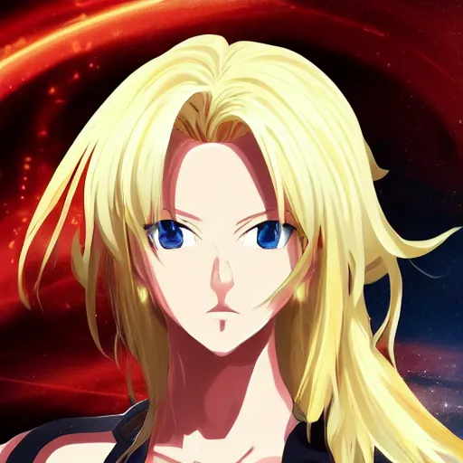 Image similar to portrait of the blond terminator of flames, anime fantasy illustration by tomoyuki yamasaki, kyoto studio, madhouse, ufotable, comixwave films, trending on artstation