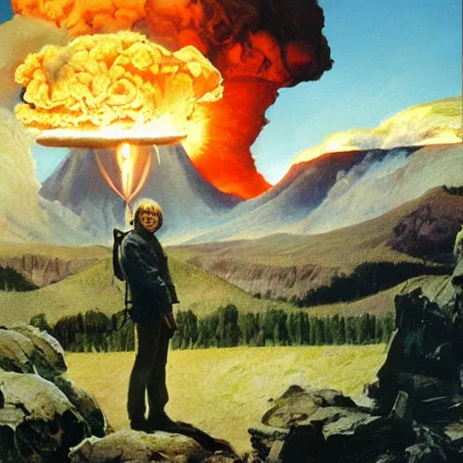 Image similar to ultra realistic portrait painting of john denver in west virginia with a nuclear explosion in the background,, art by frank frazetta, 4 k, ultra realistic, highly detailed, epic lighting