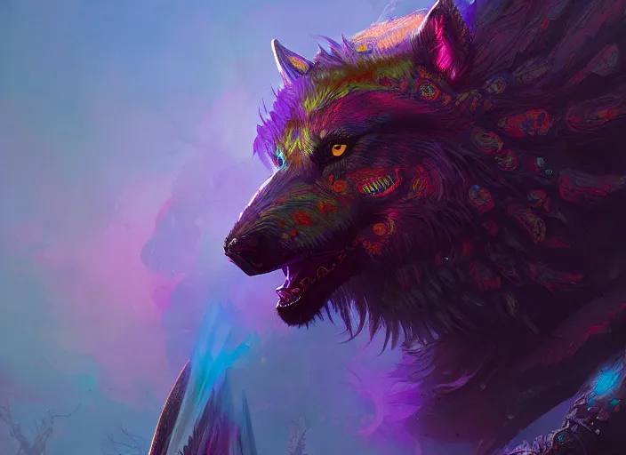 Prompt: A psychedelic portrait of dire wolf sword wraith warrior , vibrant color scheme, highly detailed, in the style of romanticism, cinematic, artstation, Moebius, Greg rutkowski