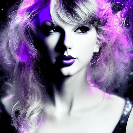 Prompt: closeup portrait of an ethereal Taylor swift made of purple light, divine, cyberspace, mysterious, dark high-contrast concept art