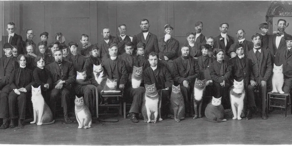 Prompt: an old black and white vintage film photo from 1890, award winning wide portrait of a very serious cats working in Tec support