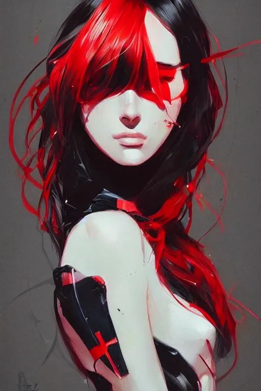 Image similar to a ultradetailed beautiful painting of a stylish female humanoid, by conrad roset, red and black, greg rutkowski and makoto shinkai trending on artstation