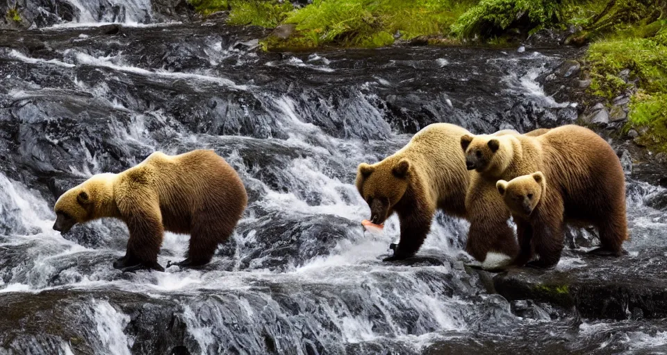 Image similar to dozens!!! of bears!!! catching salmon on a small waterfall in alaska, detailed, wide angle, 4 k