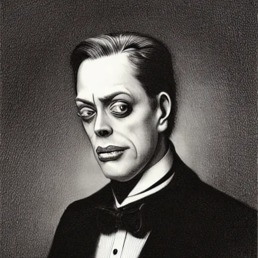 Image similar to portrait of Steve Vincent Buscemi in a tuxedo, realistic portrait, illustration by Gustave Doré