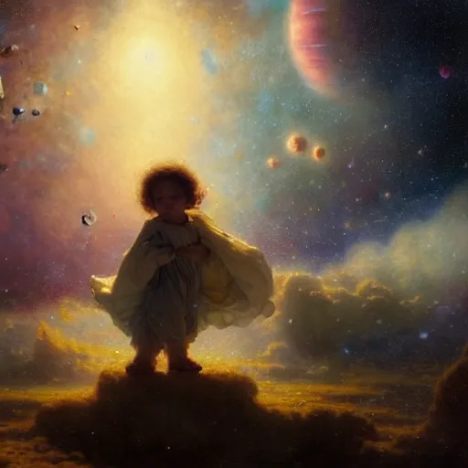 Image similar to a lonley and gloomy baby in middle of space surrounded by colorful stars planets and galaxies, high detail, by gaston bussiere, bayard wu, greg rutkowski, odd nerdrum, maxim verehin, dan dos santos, masterpiece, sharp focus, cinematic lightning