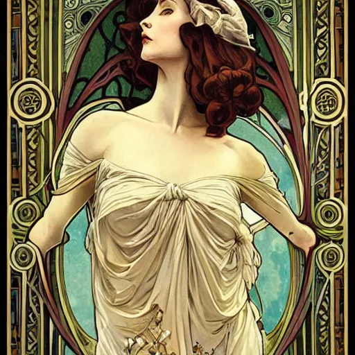 Prompt: an art nouveau painting in the style of mort kunstler, and in the style of charlie bowater, and in the style of alphonse mucha. symmetry, smooth, sharp focus, semi - realism, intricate detail.