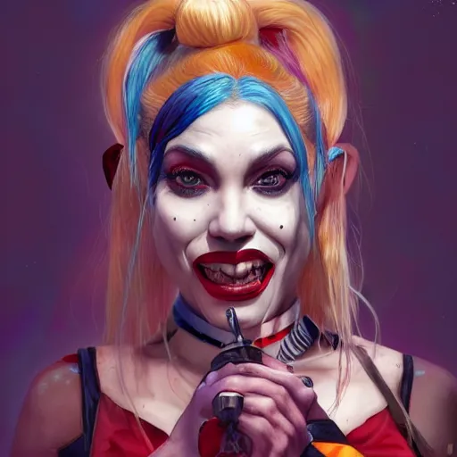 Image similar to Harley Quinn but she's a beautiful ape with long pony tails on either side of her head, mucha, mayhem, illustration, by James Jean, artgerm, octane render, by John Coltrane and Marc Simonetti, Manic, inspired by Greg rutkowski, colorful, studio lighting, high detail of the face, full body