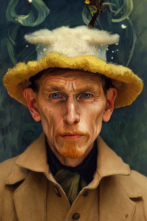 Image similar to ultra realistic illustration, vincent van goh wearing a birthday hat, elegant, highly detailed, digital painting, concept art, smooth, sharp focus, illustration, art by artgerm and greg rutkowski and alphonse mucha