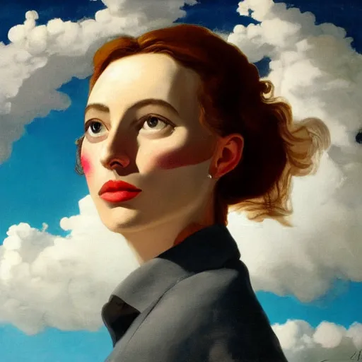 Image similar to close up of the face of beautiful woman, clouds in background, dramatic lighting, painting by neo rauch, highly detailed