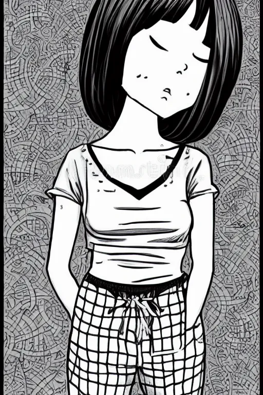 Prompt: portrait of a girl in long pants and a top, hands in pockets, eyes closed, red heart shaped tattoo on the right hand, bob haircut, digital art, black and white, detailed illustration by junji ito and kaoru mori