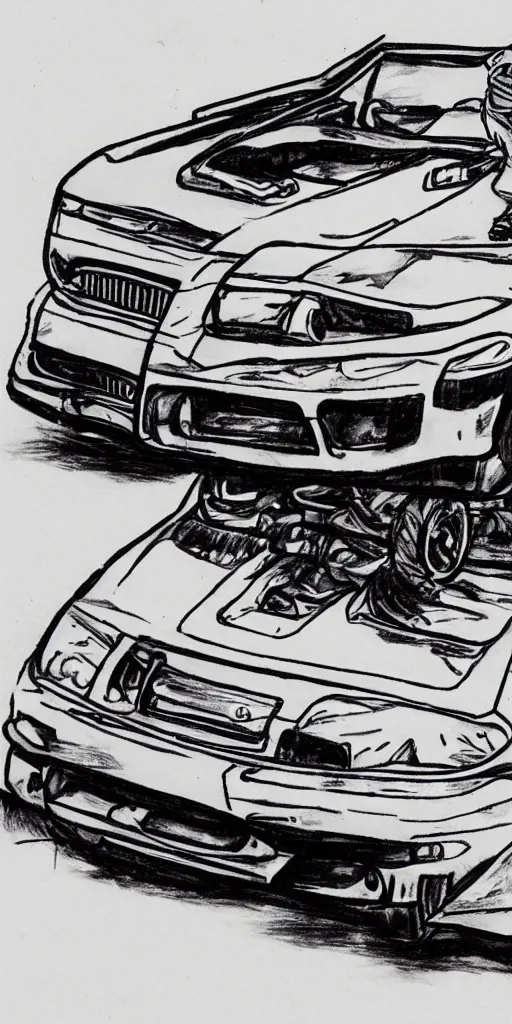 Prompt: man driving a import japanese car drawn in the style of Initial D