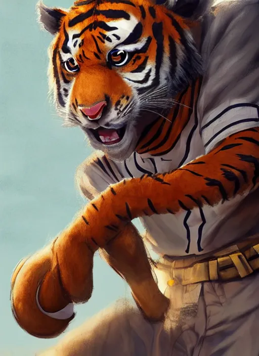 Prompt: fursona commission of a anthro tiger baseball pitcher wearing a baseball uniform in a baseball stadium. pretty, beautiful, DnD character art portrait, matte fantasy painting. Desert mining town. DeviantArt Artstation, by Jason Felix by Steve Argyle by Tyler Jacobson by Peter Mohrbacher, cinematic lighting