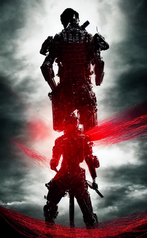 Image similar to a distant armored warrior with a sword, a sea of red thread in the background, dark shapes in the background, cinematic, highly detailed, movie poster