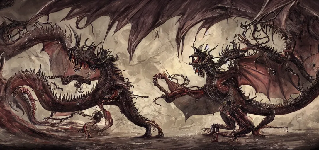 Image similar to concept art of dragon attack, lovecraftian, lots of teeth, melting horror, feathers, fighting the horrors of the unknown with laser guns