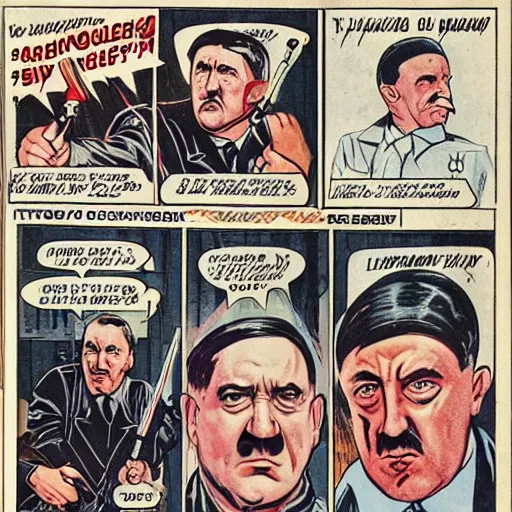 Image similar to comic book of angry jews with lightsabers and adolf hitler accurate eyes high detail